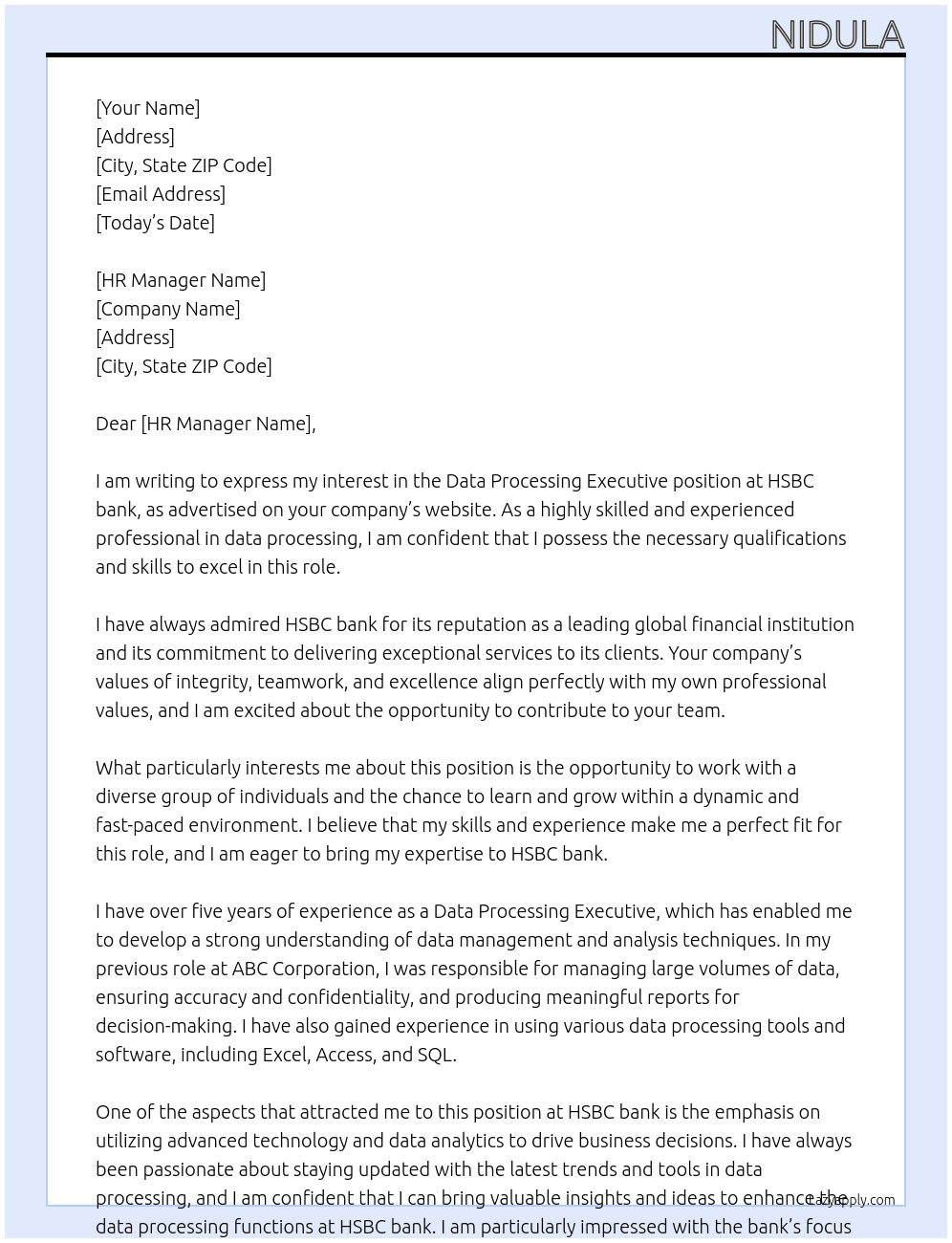 Data processing executive  At HSBC bank Cover Letter