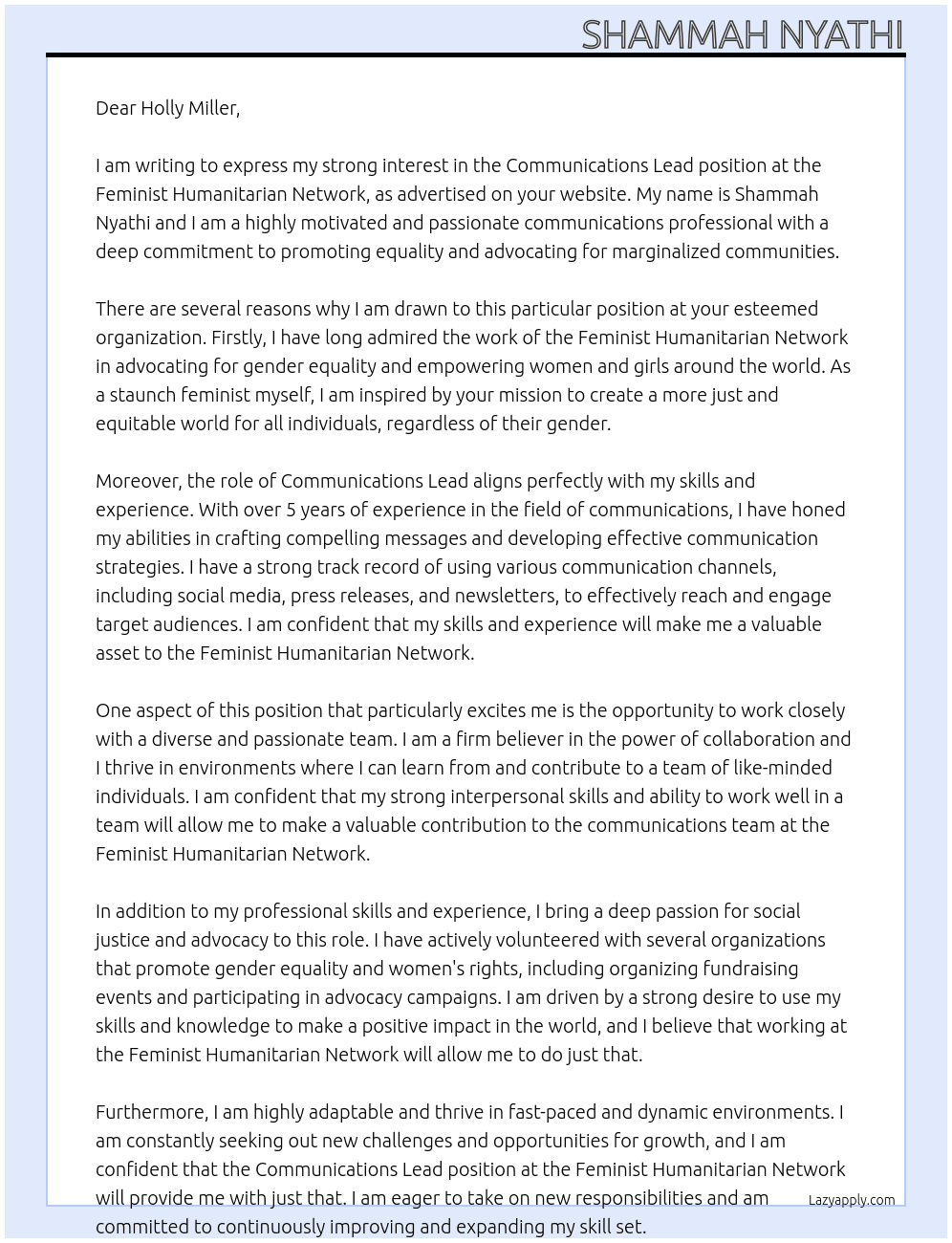 communications lead  At Feminist Humanitarian Network Cover Letter