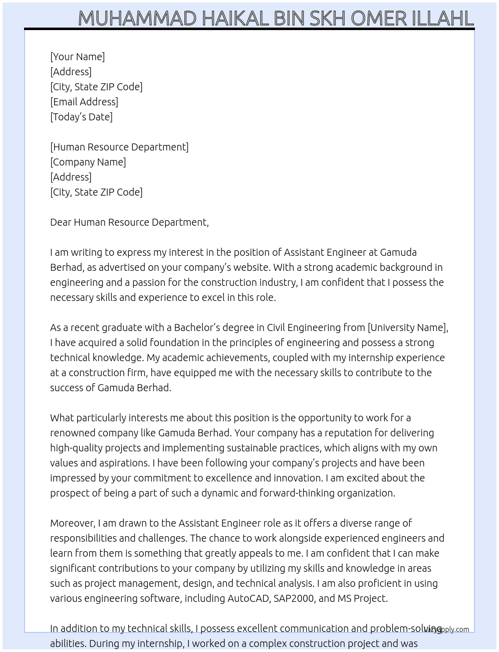 assistant engineer At gamuda berhad Cover Letter