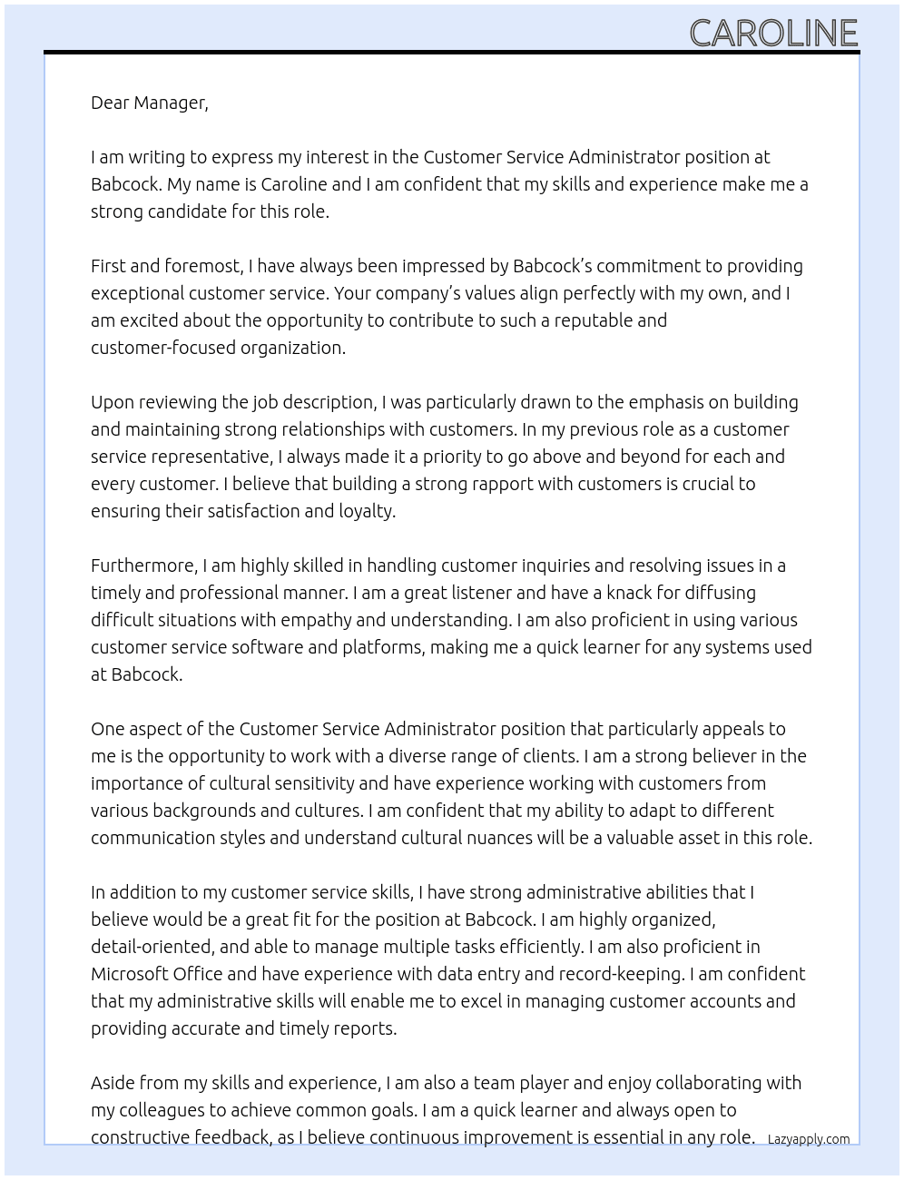 Customer service administrator  At Babcock Cover Letter