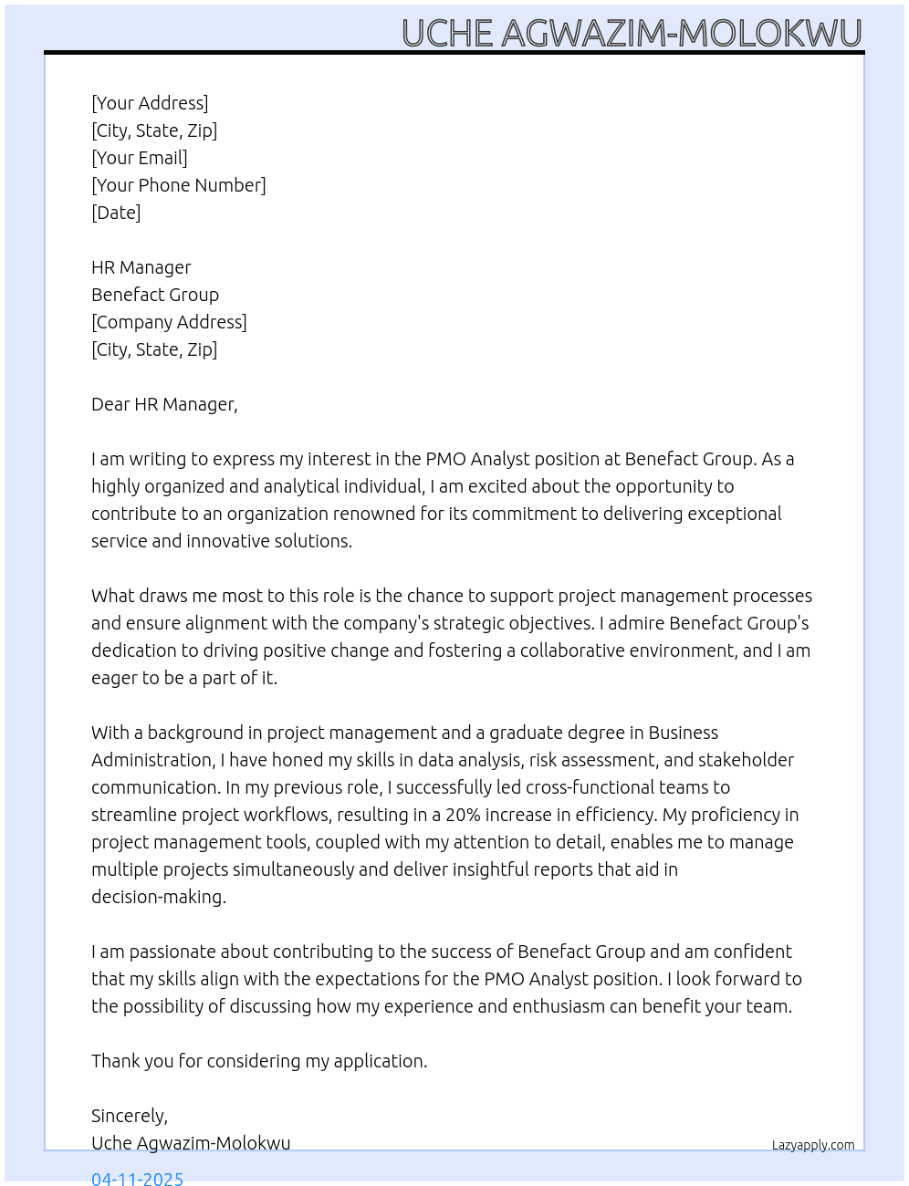 PMO Analyst At Benefact Group Cover Letter