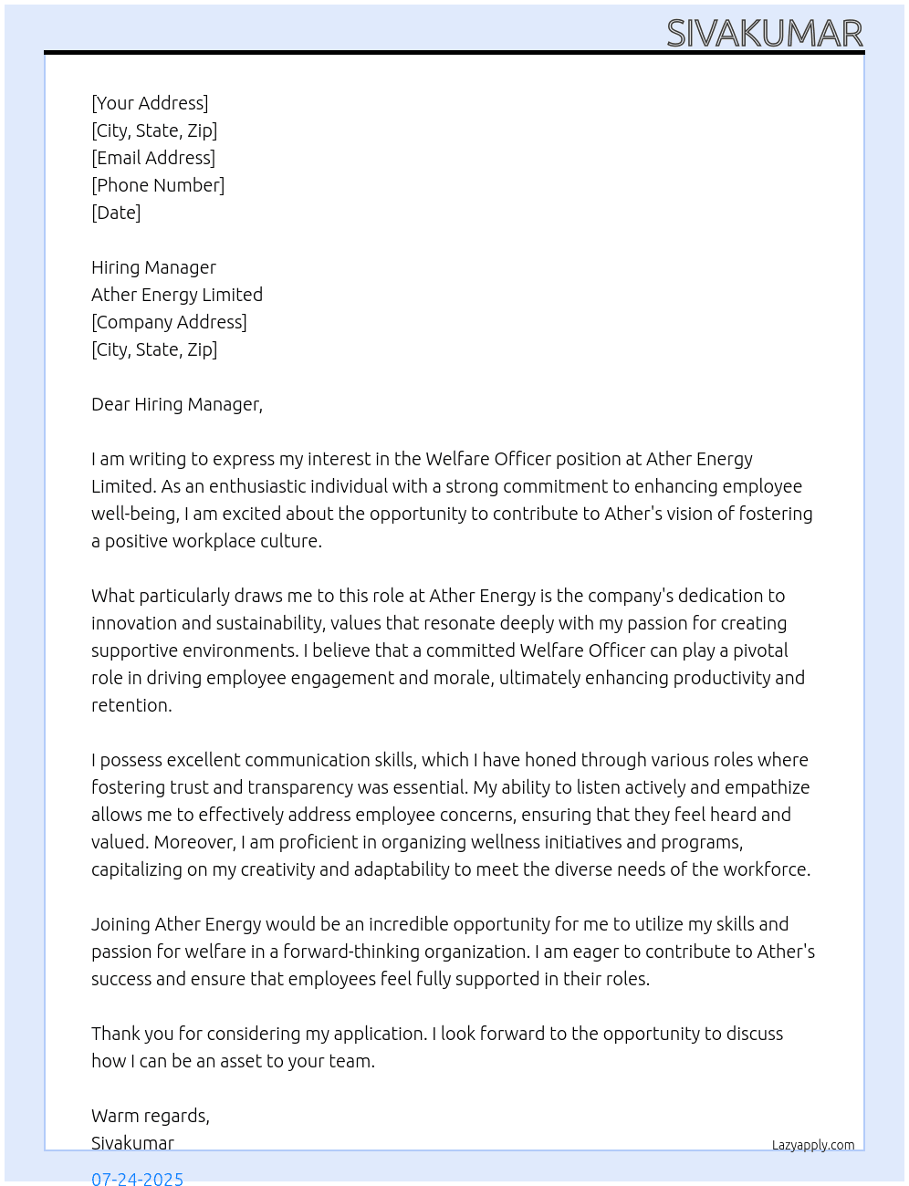 Welfare Officers At Ather Energy Limited  Cover Letter