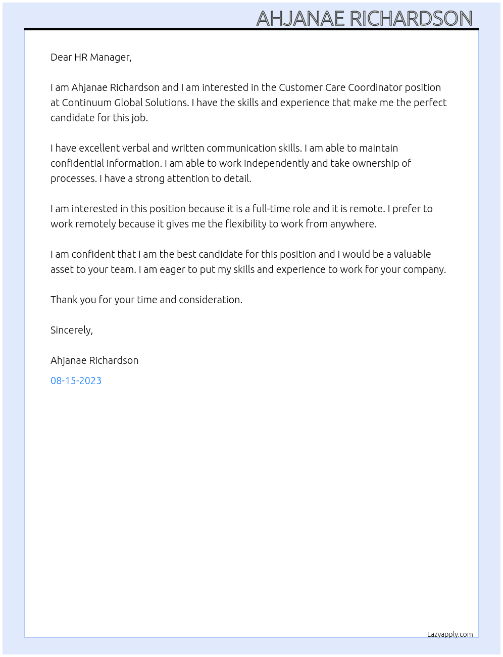 Customer Care Coordinator  At Continuum Global Solutions  Cover Letter