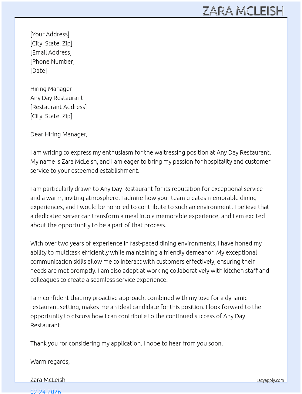 Cover letter for waitressing - LazyApply
