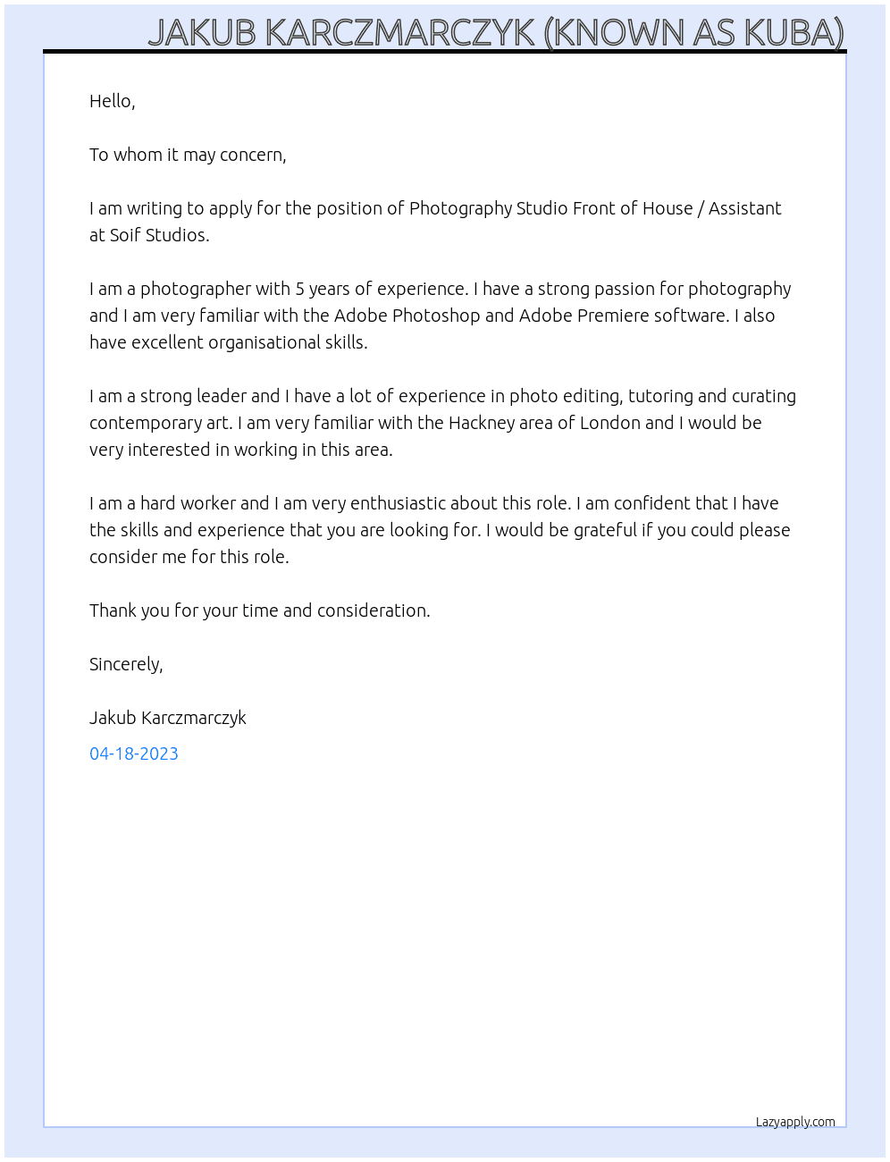 Photography Studio Front of House / Assistant At Soif Studios Cover Letter
