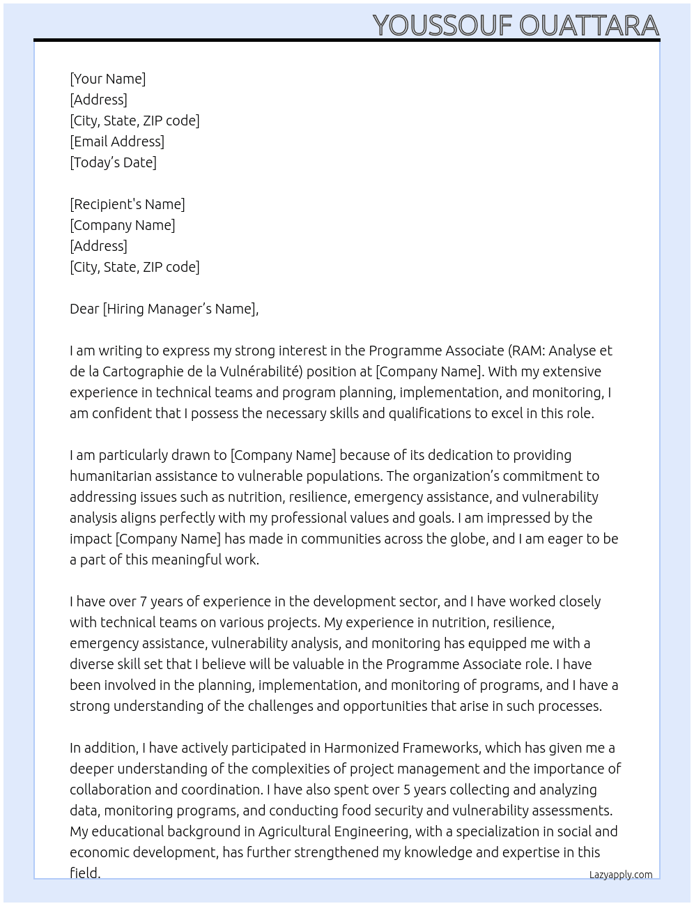 Programme Associate (RAM: Analyse et de la Cartographie de la Vulnérabilité) At PAM Cover Letter