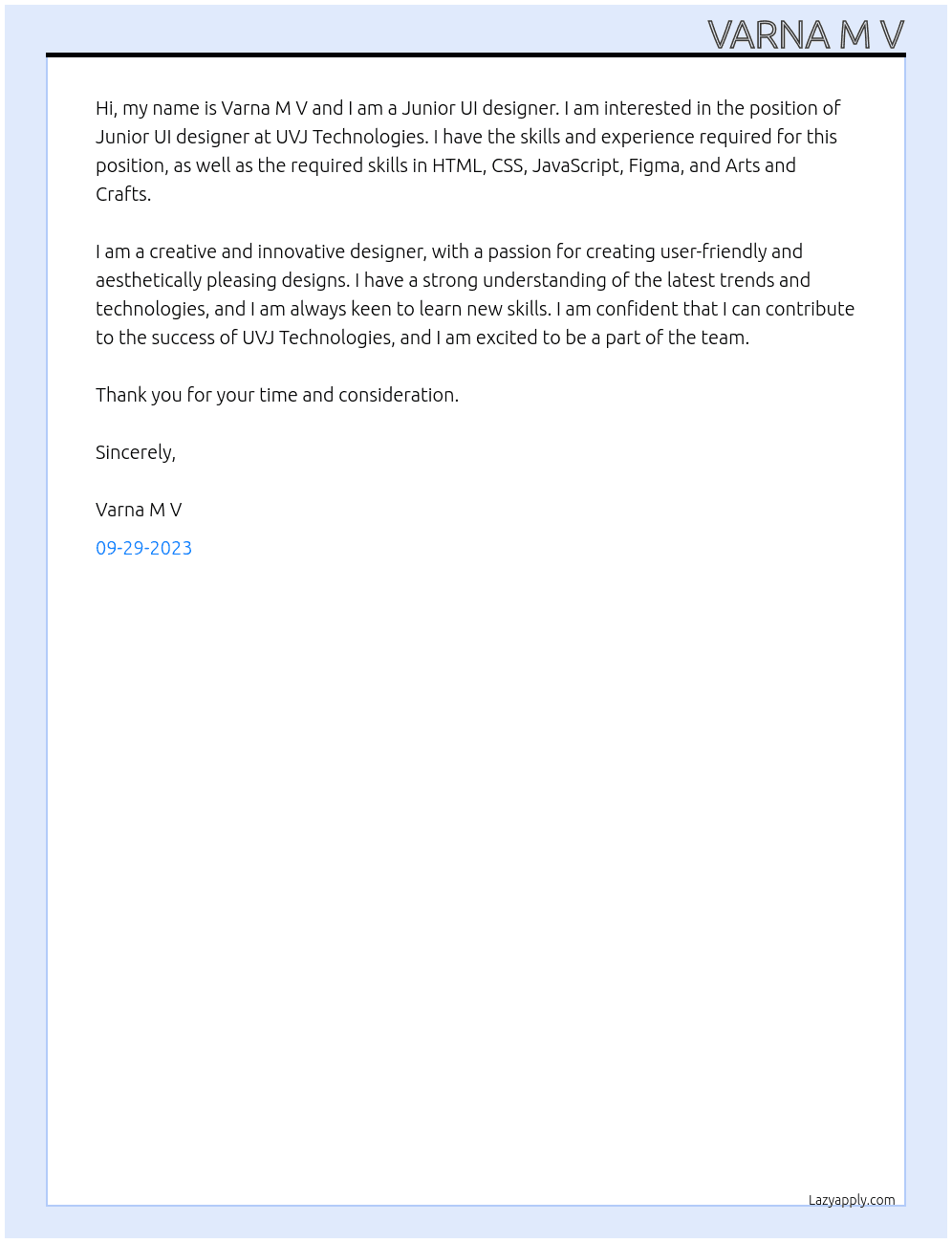 Junior UI designer At UVJ Technologies Cover Letter