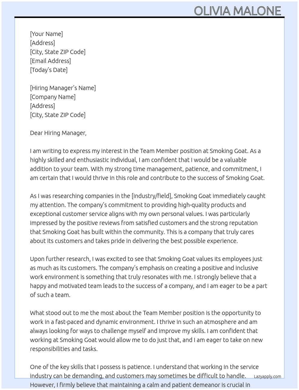 team member At Smoking Goat  Cover Letter