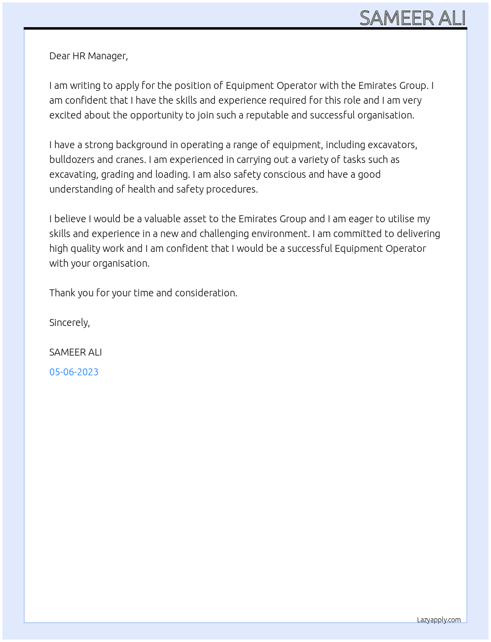 Equipment Operator  At Emirates Group Cover Letter