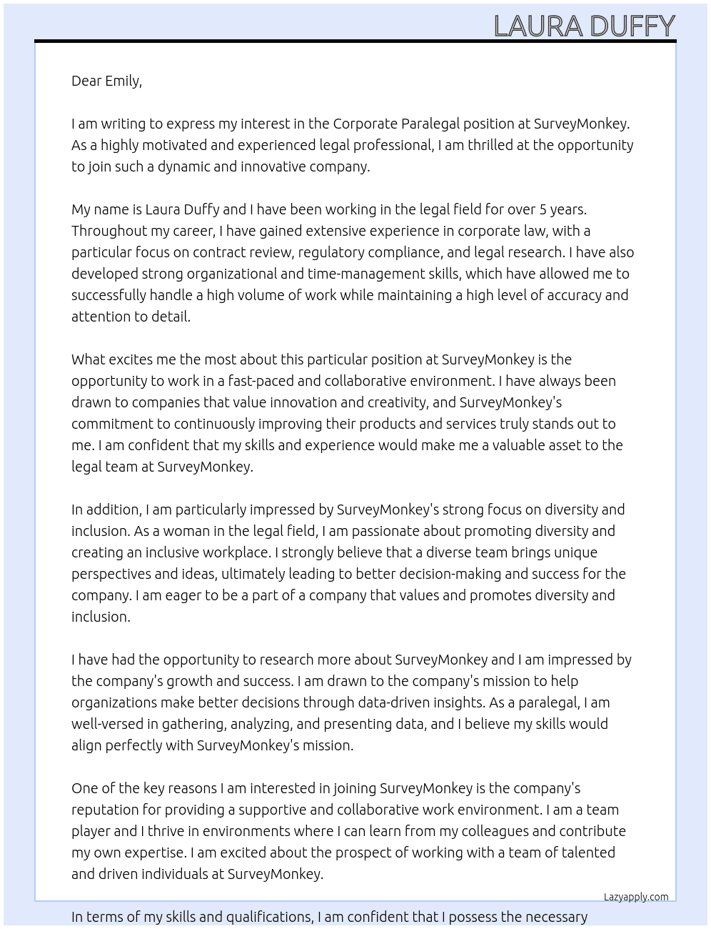 Corporate Paralegal At SurveyMonkey Cover Letter