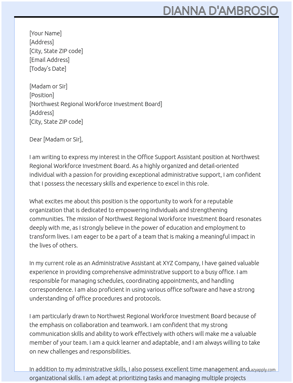 Office Support Assistant At Northwest Regional Workforce Investment Board Cover Letter