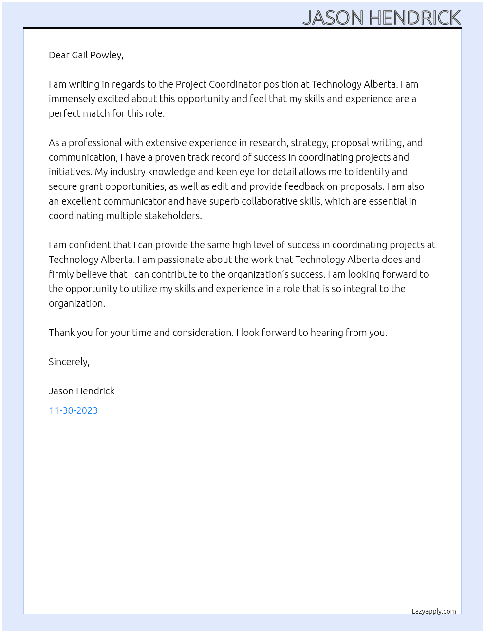 Project Coordinator At Technology Alberta Cover Letter