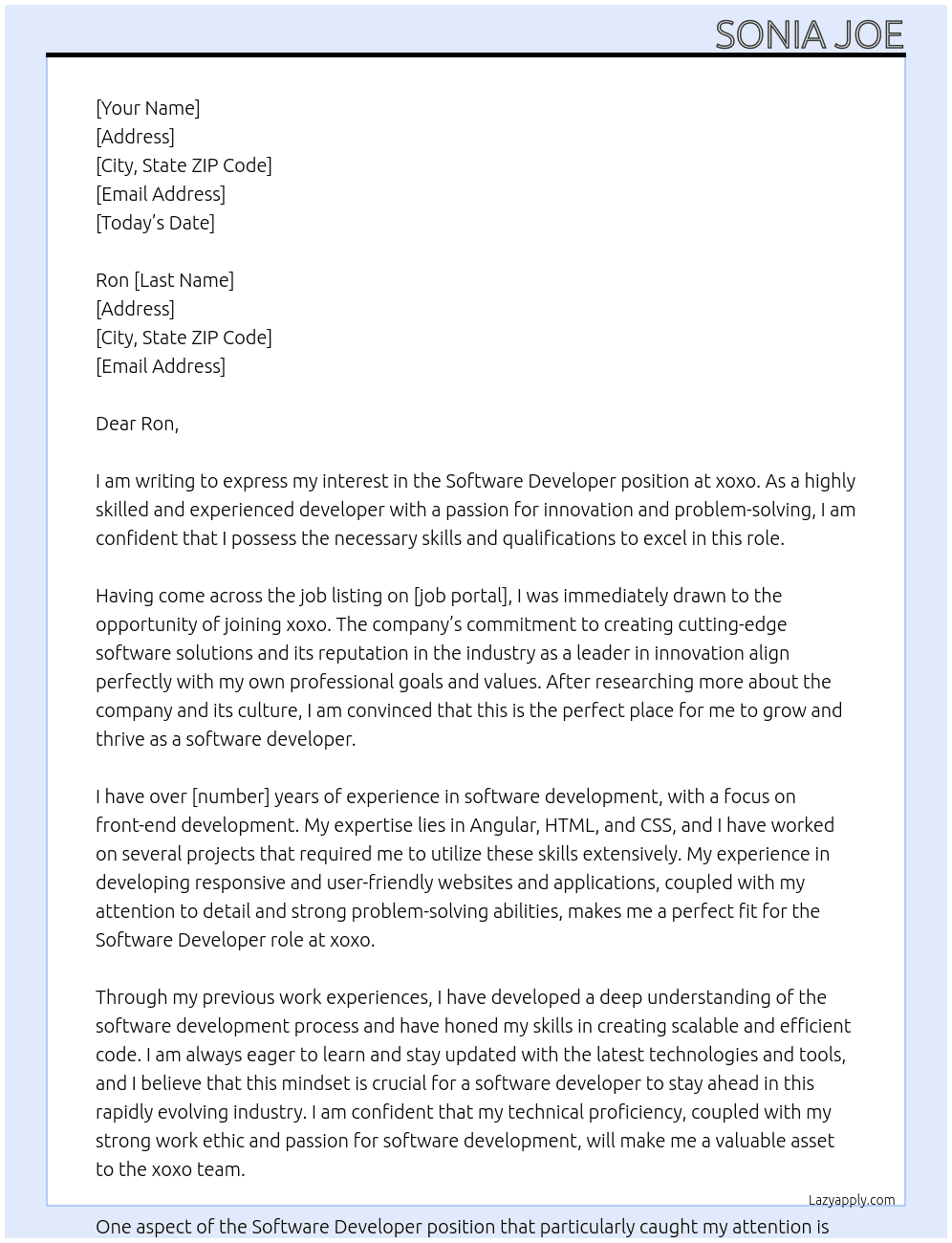Software Developer At xoxo Cover Letter