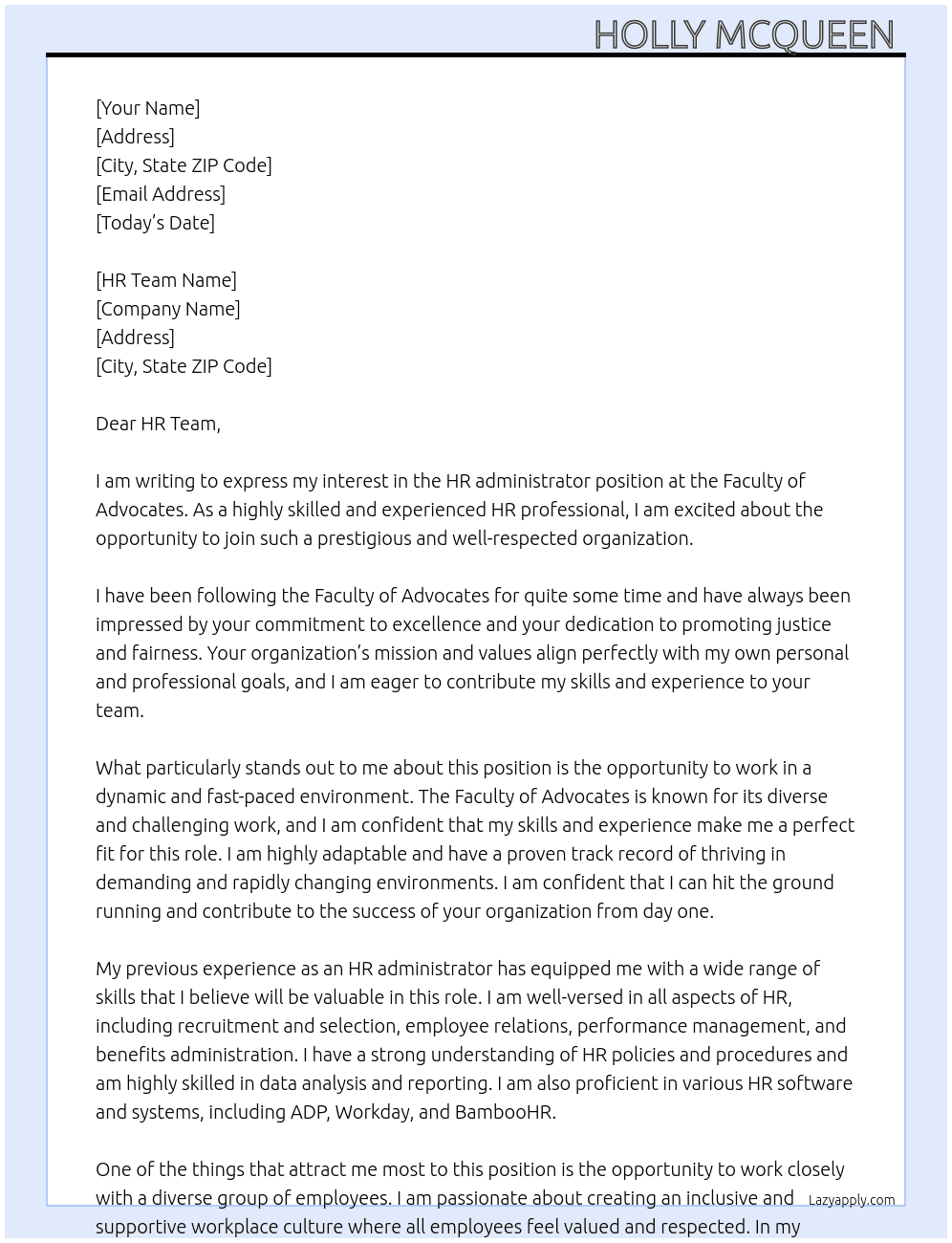 HR administrator  At Faculty of Advocates Cover Letter