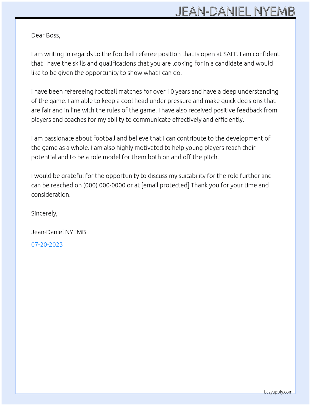 Football referee At SAFF Cover Letter