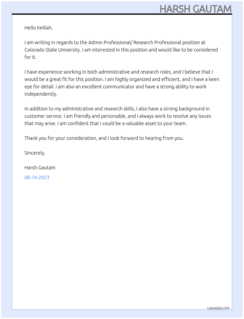 Admin Professional/ Research Professional At Colorado State University Cover Letter