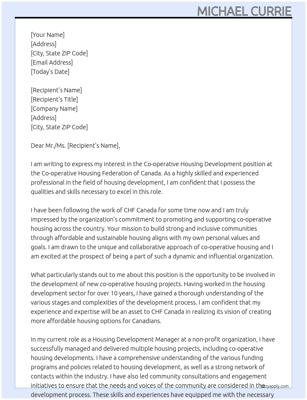 Co-operative Housing Development At Co-operative Housing Federation of Canada Cover Letter
