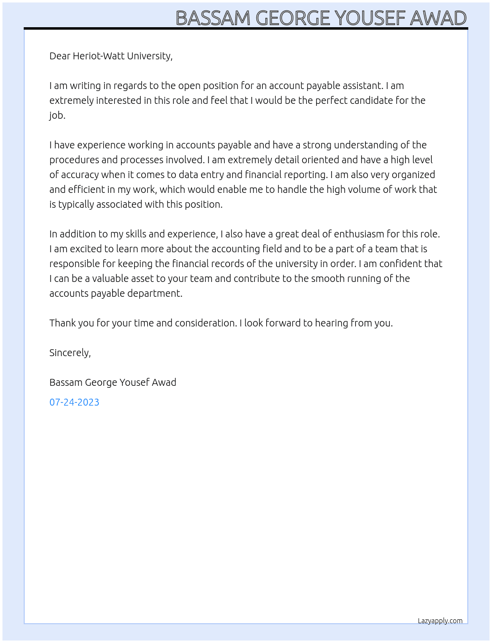 Account payable Assistant  At British School Alexndria Cover Letter