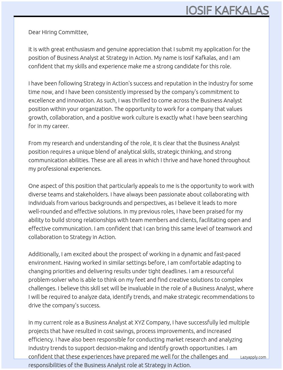 Business Analyst At Strategy in Action Cover Letter