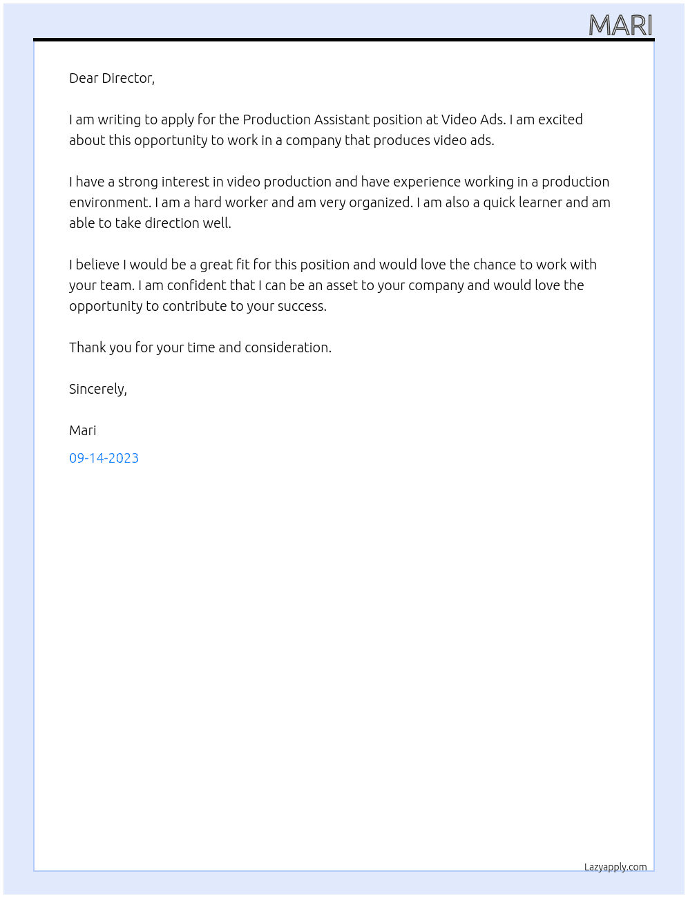 Production Assitant At Video Ads Cover Letter