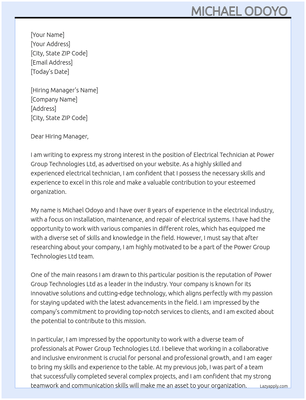 Electrical technician  At Power Group Technologies Ltd Cover Letter