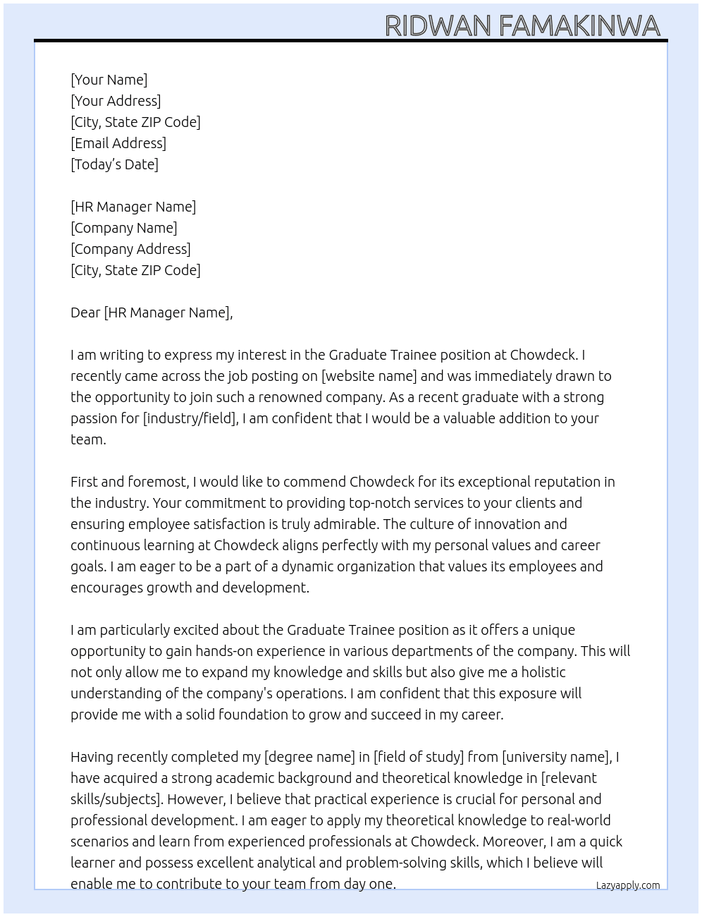 Graduate trainee  At Chowdeck Cover Letter