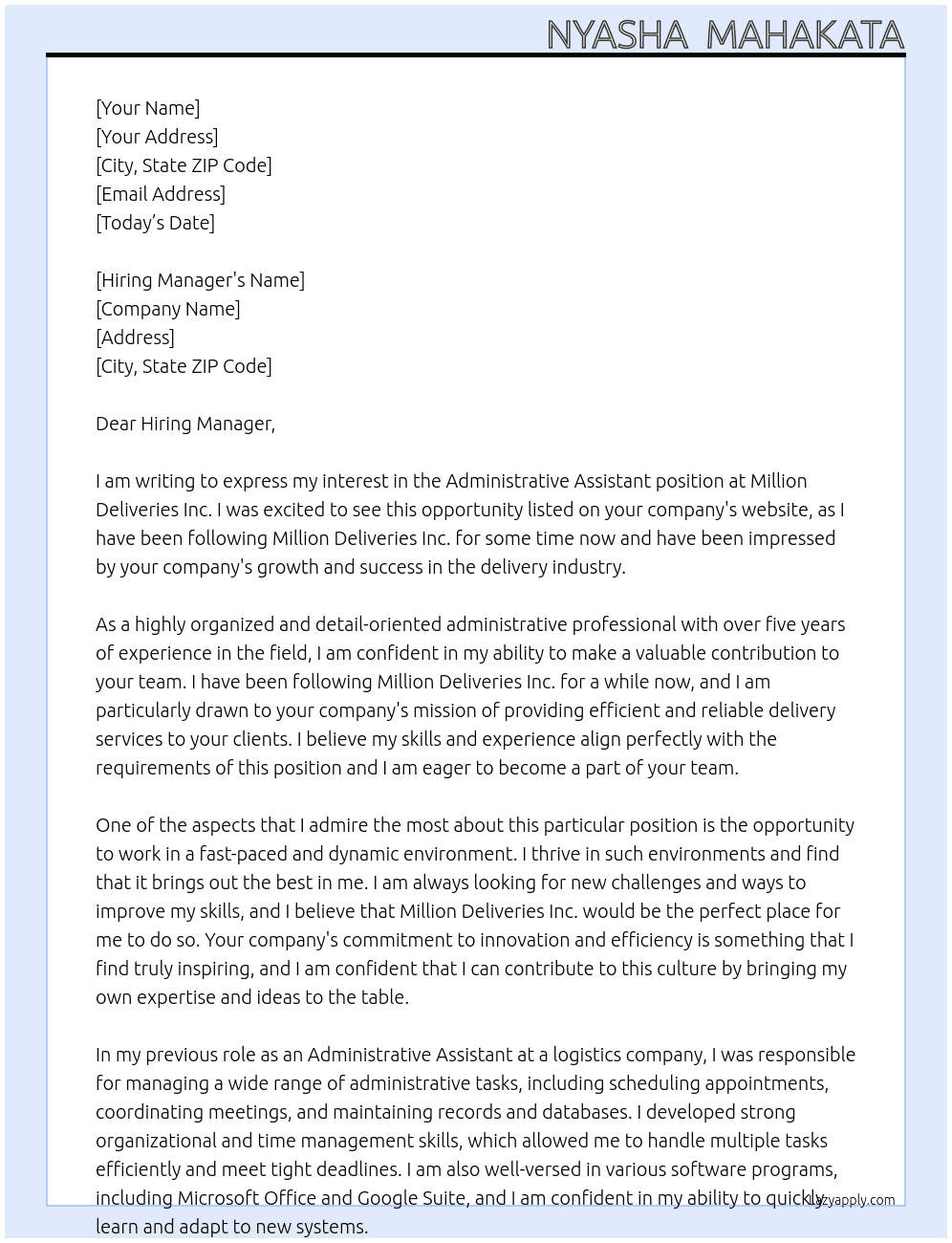 administrative assistant At Million Deliveries Inc. Cover Letter