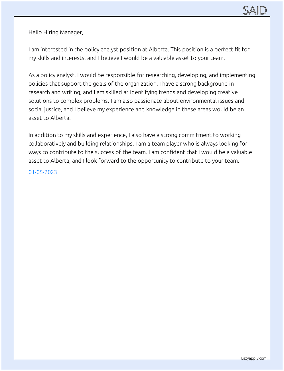 Policy analyst  At Alberta  Cover Letter