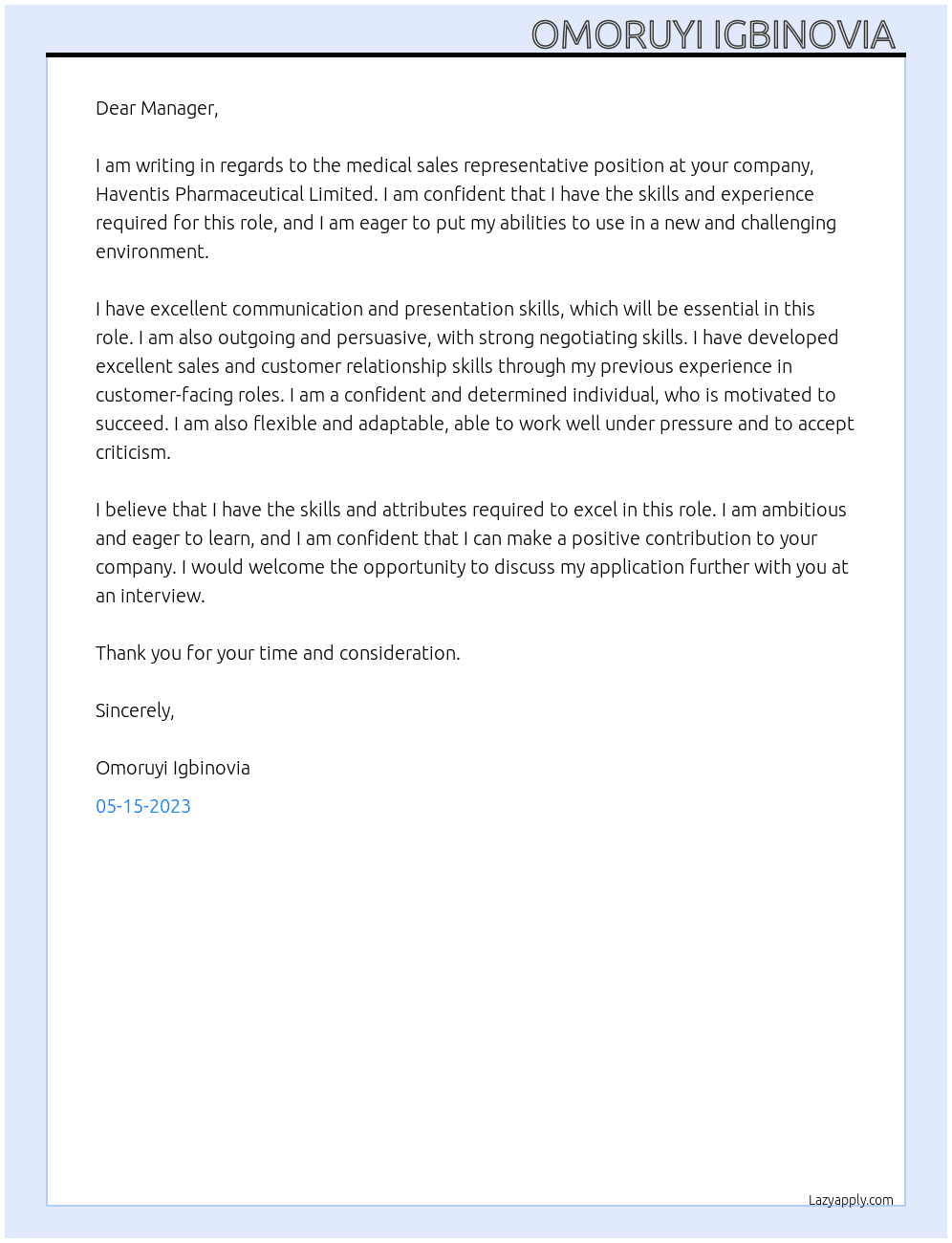 Medical sales representative  At HAVENTIS PHARMACEUTICAL LIMITED Cover Letter