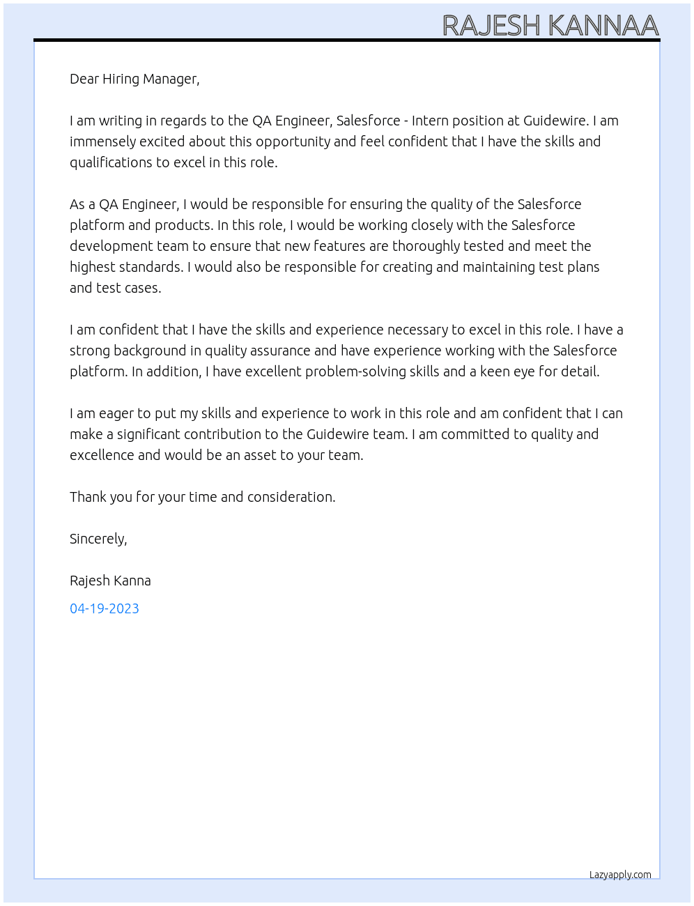 QA Engineer, Salesforce - Intern At Guidewire Cover Letter