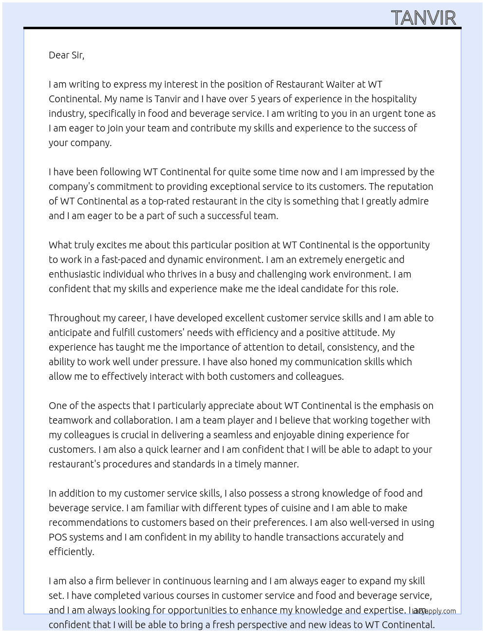 Restaurant Waiter At WT Continental Cover Letter