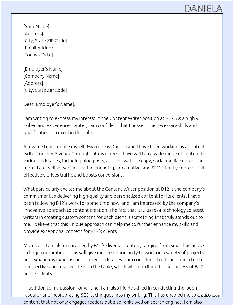 Content writer At B12 Cover Letter