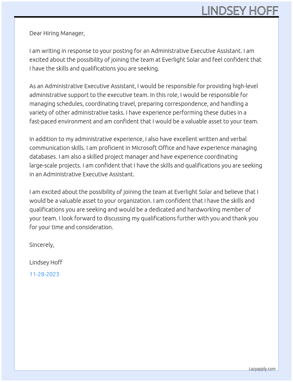Administrative Executive Assistant At Everlight Solar Cover Letter