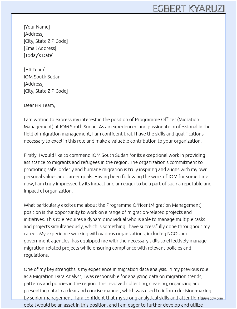 Programme Officer (Migration Management) At IOM S. Sudan Cover Letter