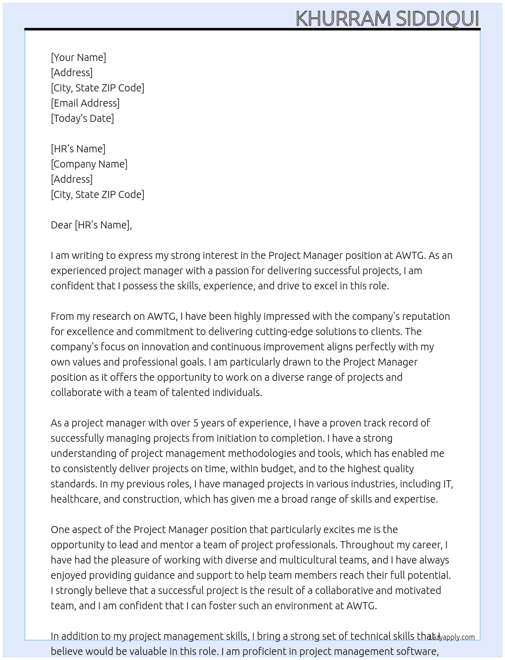 Project manager At AWTG Cover Letter