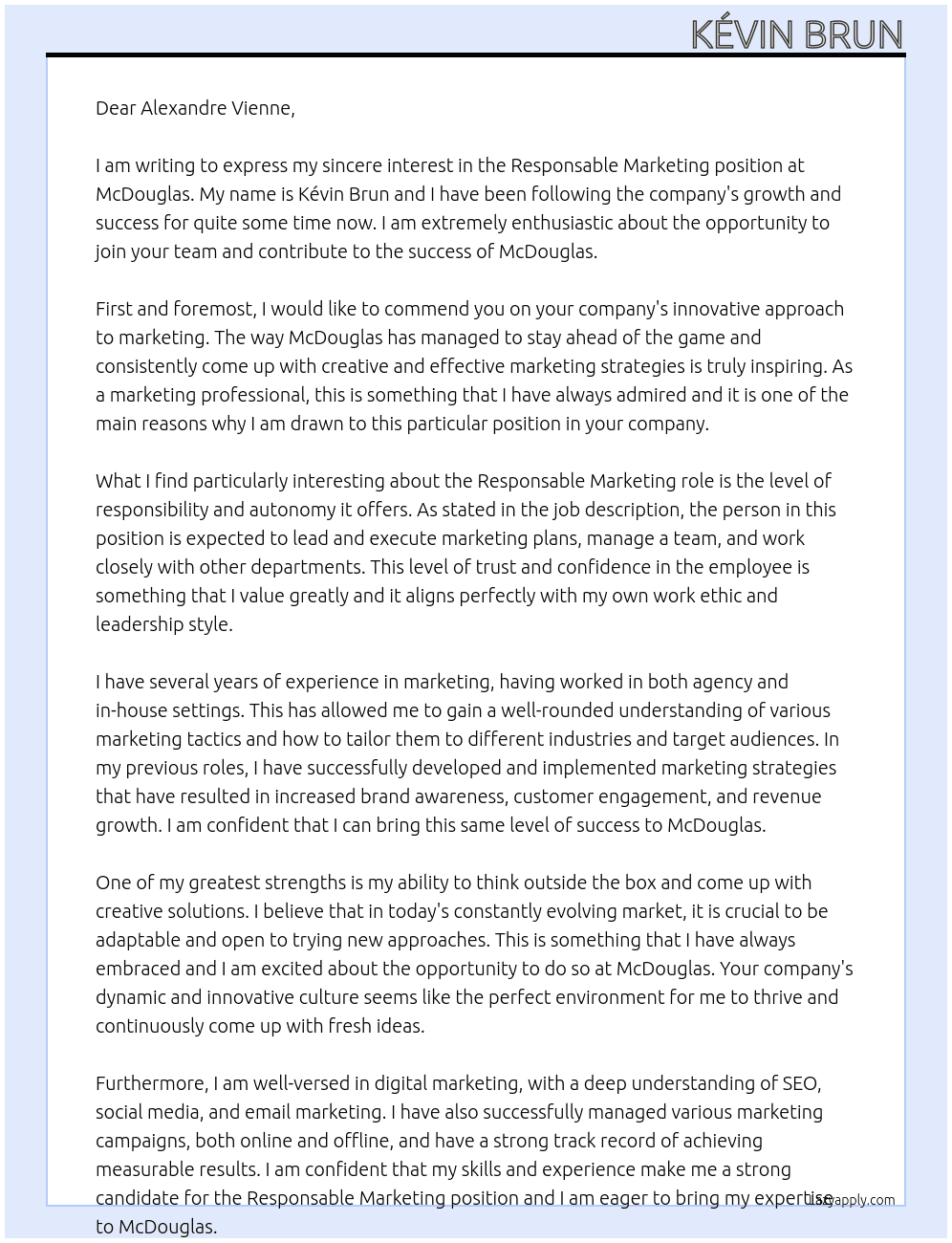 Responsable Marketing  At McDouglas Cover Letter