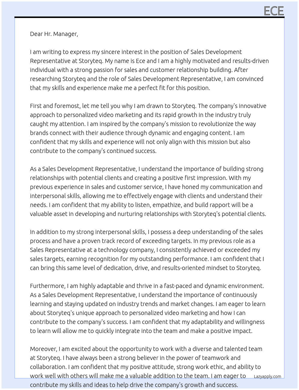 Sales Development Representative At Storyteq Cover Letter