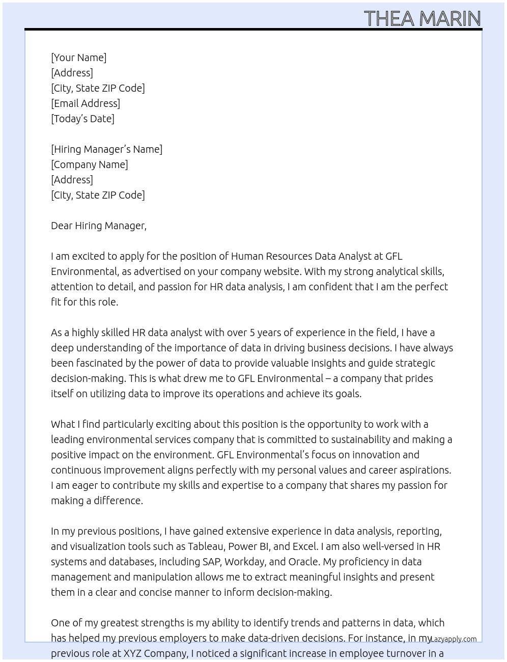 Human Resources Data Analyst At GFL Environmental Cover Letter