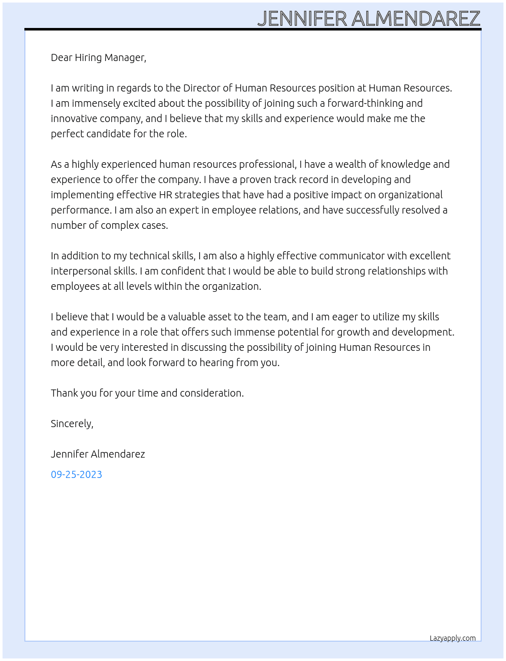 Director of Human Resources At Human Resources Cover Letter