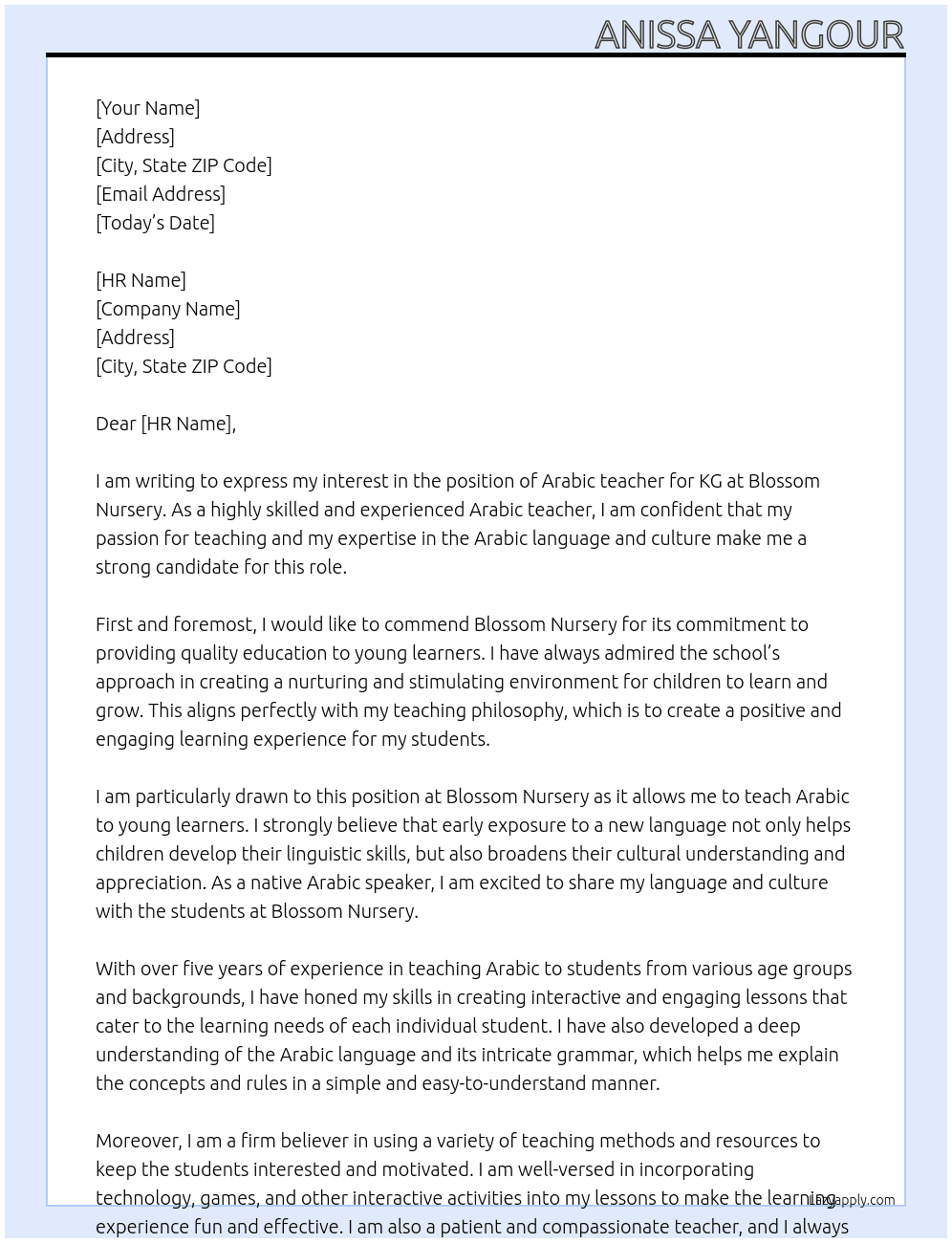 Arabic teacher for kg At blossom nursery Cover Letter