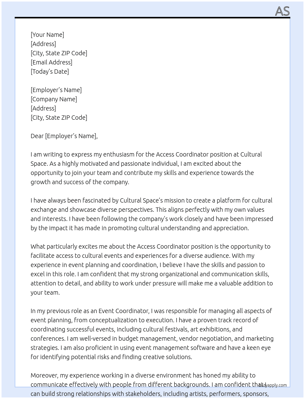 Access Coordinator At cultural space Cover Letter