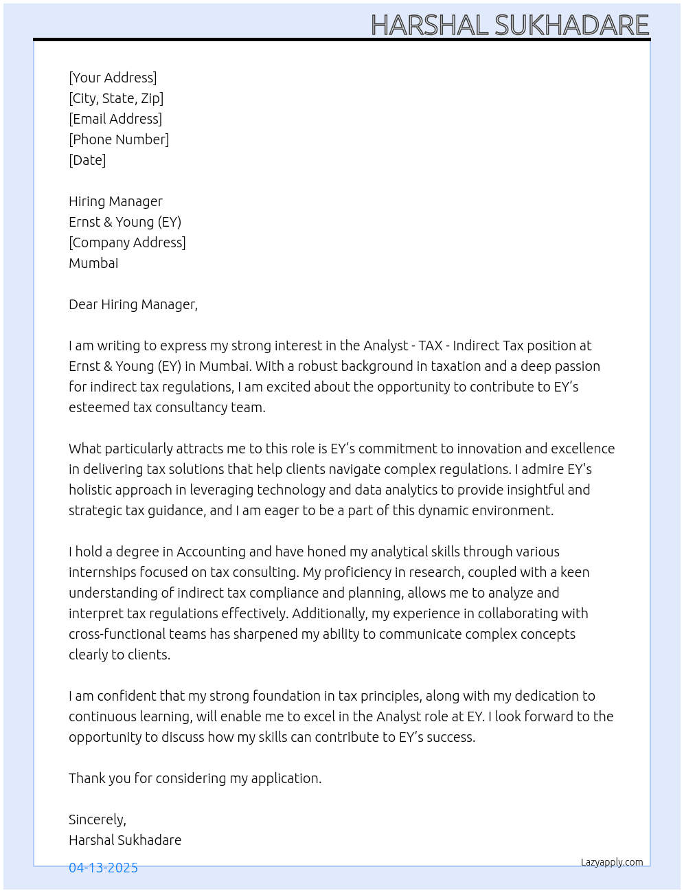 Analyst - TAX - CHS - TAX - Indirect Tax - Core - Mumbai At Ernst & Young (EY) Cover Letter