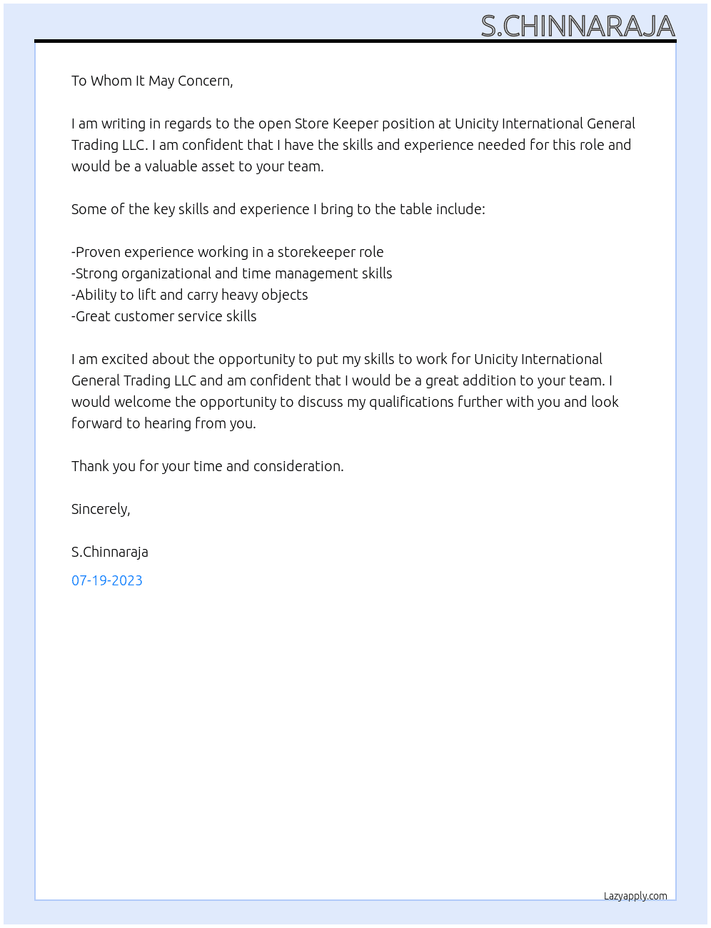 Store keeper At Unicity International General Trading LLC Cover Letter