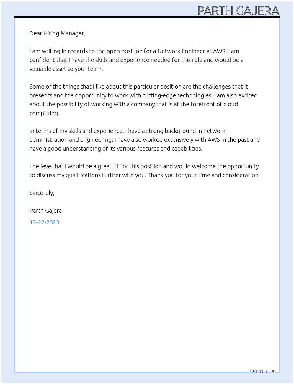 network engineer  At aws Cover Letter