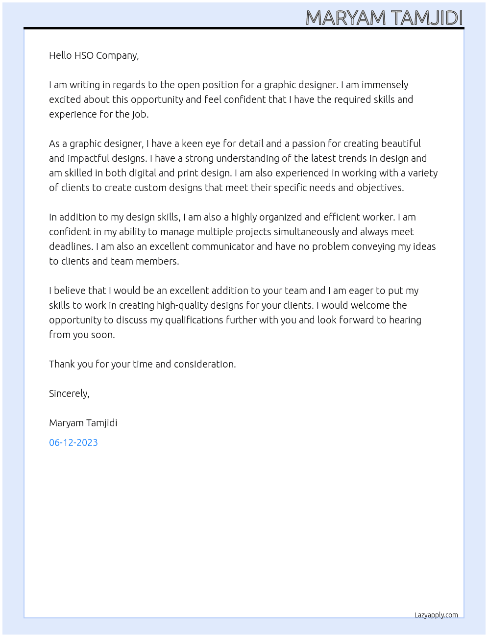 graphic designer At HSO Company Cover Letter
