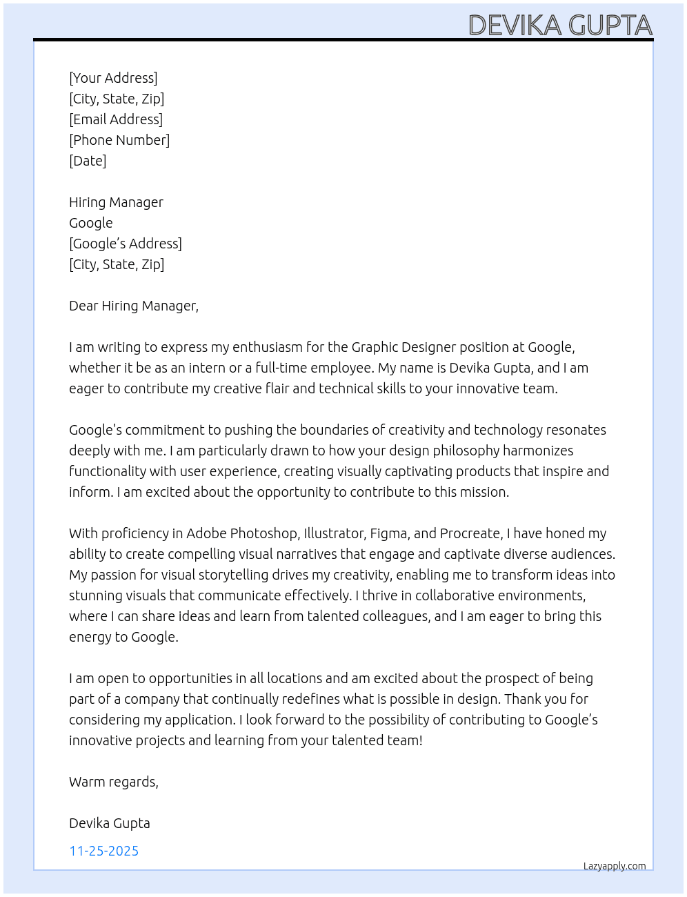 Graphic designer  At Google Cover Letter