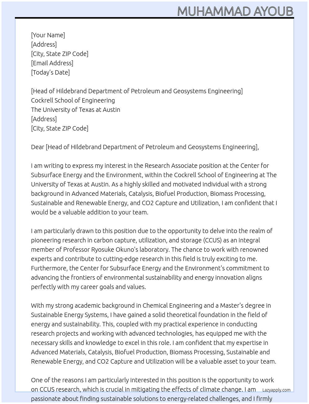 Research Associate, Center for Subsurface Energy and the Environment At  Cockrell School of Engineering, at The University of Texas at Austin Cover Letter