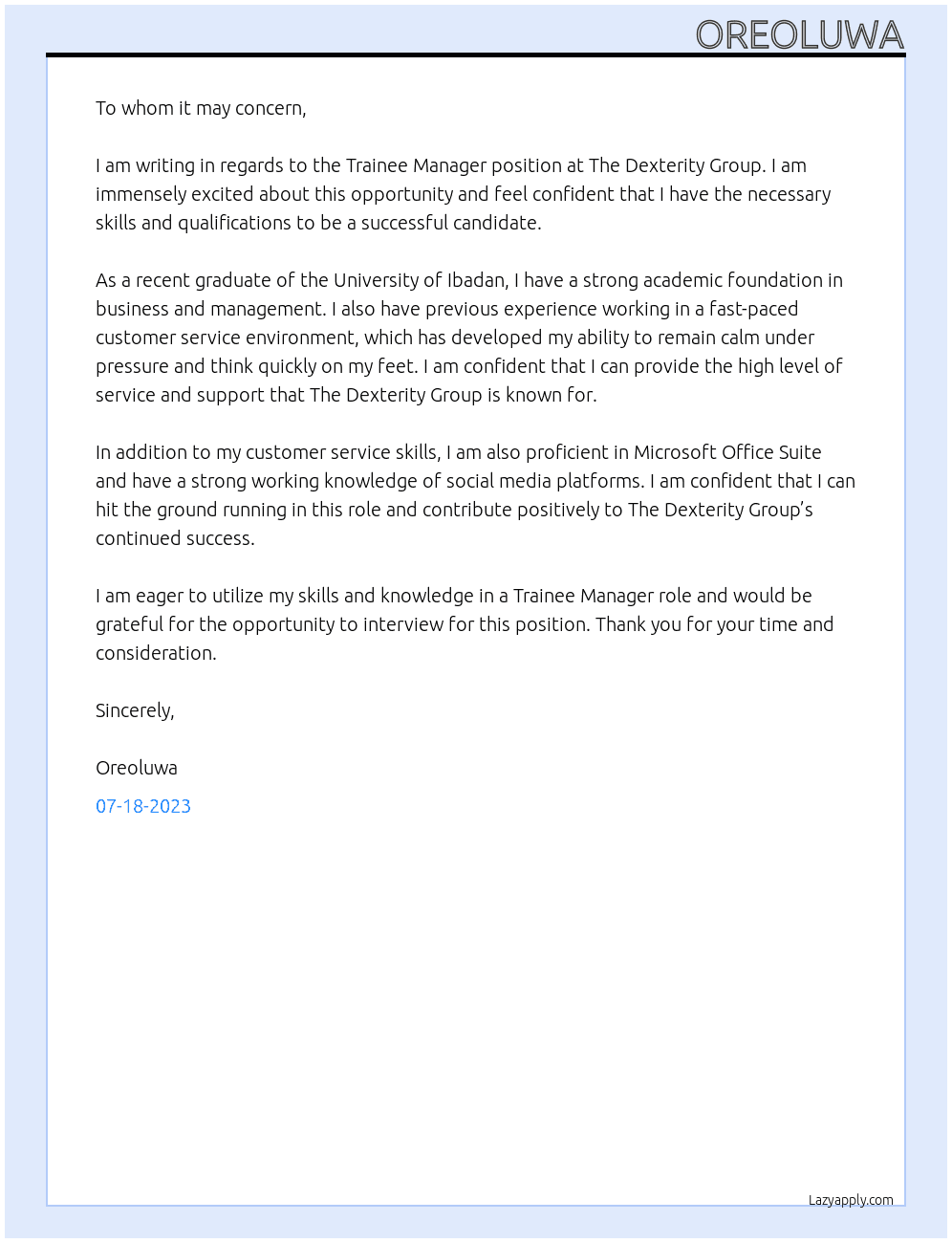 Trainee manager  At The dexterity group  Cover Letter