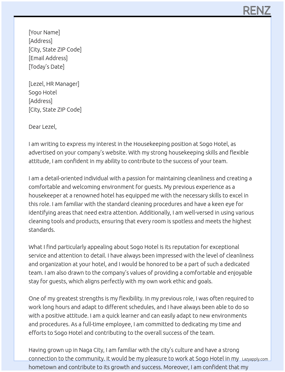 housekeeping At Sogo hotel  Cover Letter
