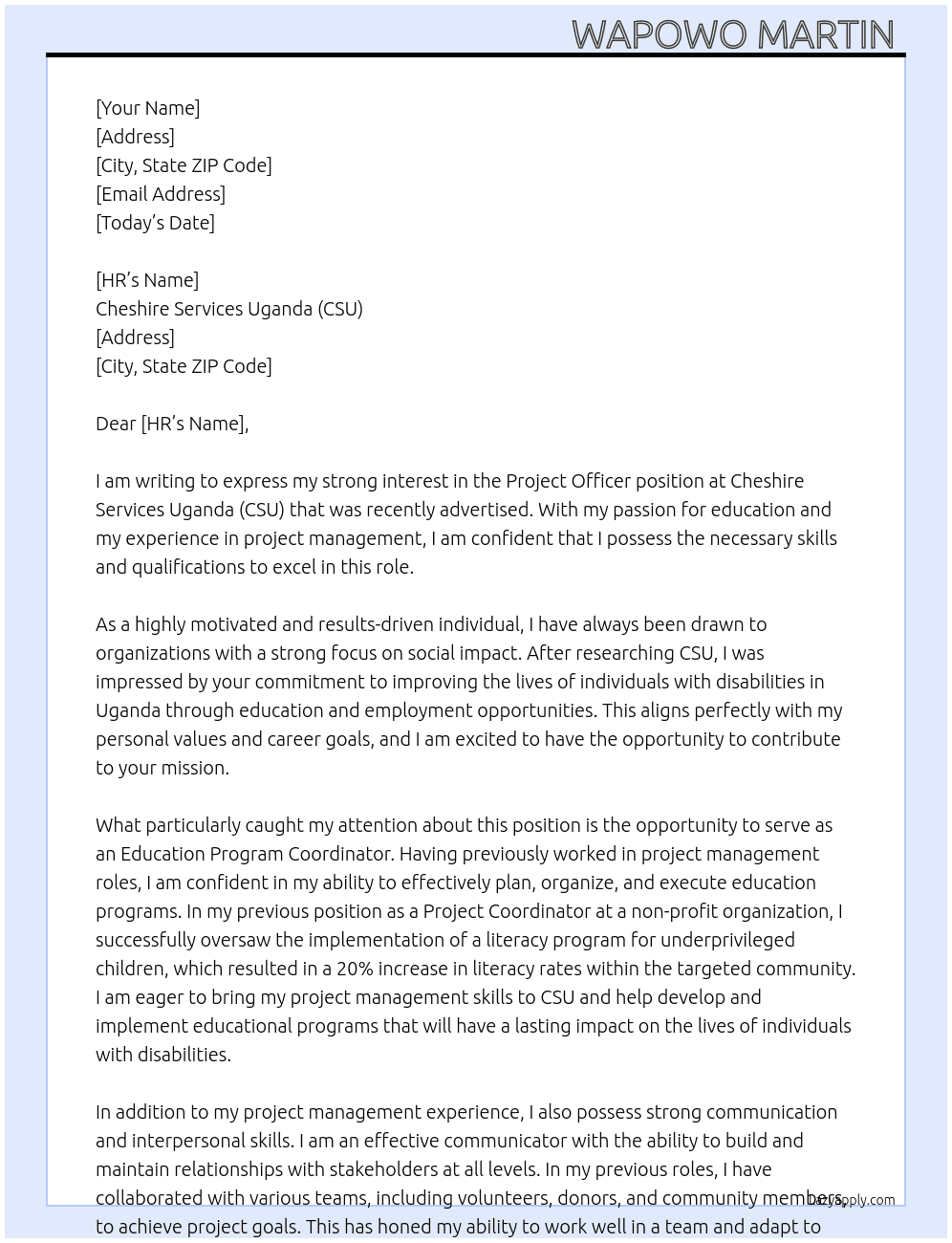 project officer  At Cheshire Services Uganda (CSU) Cover Letter